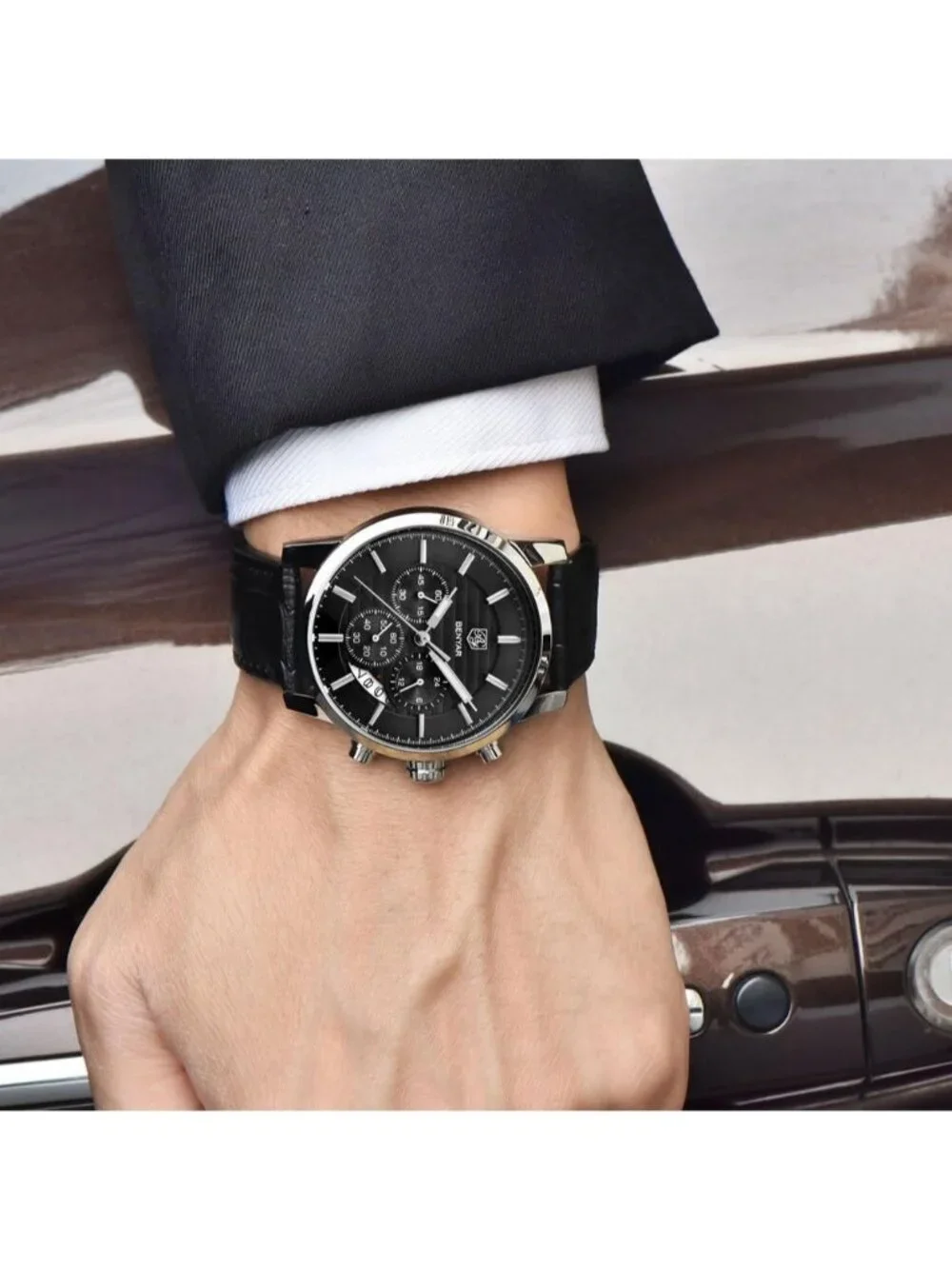Men's Silver Black Analog Quartz Chronograph Waterproof Fashion Wrist Watch